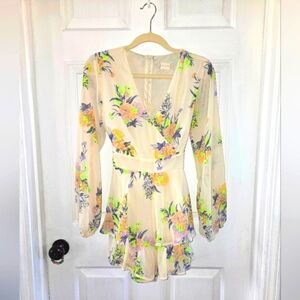 Altar'd State Ivory Floral Long Sleeve V Neck Ruffle Romper